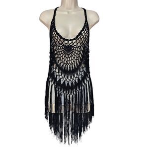 Black Crochet Fringe Cover-Up Dress, Boho Festival Layering Piece